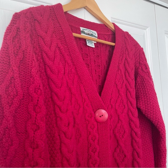 Aran Crafts 100% Merino Wool, Raspberry Cable Knit One Button Cardigan Sweater L - Picture 13 of 13